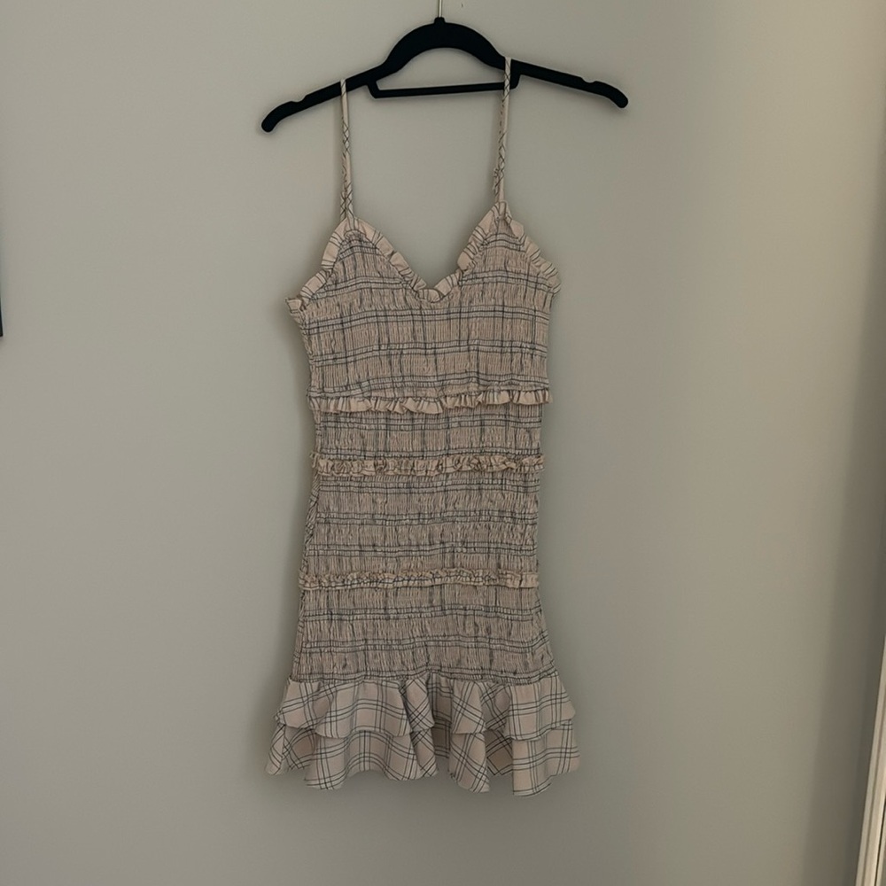 Olivaceous smocked cream plaid mini dress